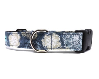 Rustic Blooms - Dog Collar / Hand Drawn Blue + Beige Floral Design / Available in 2 widths for Medium to Large Puppies & Dogs