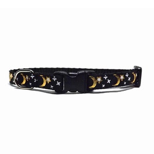 Cat Collar - &#39;The Moonscape - Black&#39; / Metallic Gold Moon + Star Design / Breakaway Kitten & Cat Collar with Removable Bell