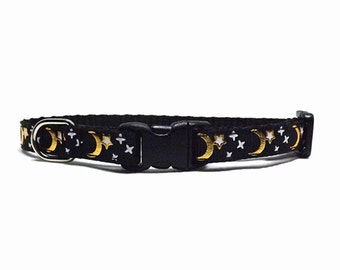 Cat Collar - 'The Moonscape - Black' / Metallic Gold Moon + Star Design / Breakaway Kitten & Cat Collar with Removable Bell
