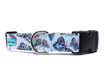 Social Butterfly - Pale Blue Dog Collar / Liberty of London Butterfly Design / Available in 3 widths for Small to Large Puppies & Dogs