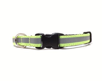 Reflektierendes Katzen Halsband, 'The Reflector - Neon Green' Sicherheits Design, Ausreißer für Kätzchen + Katzen mit Glocke