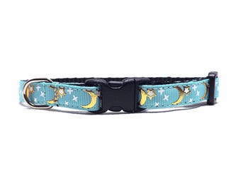 Gold Moon Cat Collar, 'The Moonscape - Aqua', Breakaway Kitten + Cat Collar with Bell