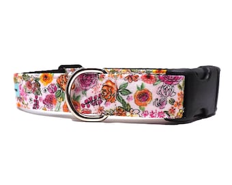 Spring Pretty - Dog Collar / Colourful Packed Rose, Tulip, Daisy Floral  Design / Available in 4 widths for Puppies to Large Dogs