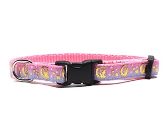 Cat Collar - 'The Cat in the Moon - Ombre Pink to Blue' / Metallic Gold Moon & Star Design / Breakaway Kitten + Cat Collar w/ Removable Bell