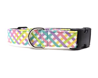 Sugar Plaid - Dog Collar / Bright Multicolour Spring Diagonal Plaid / Available in 4 widths for Small to Large Puppies & Dogs