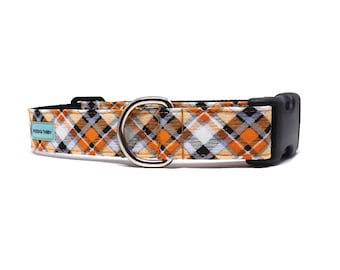 Glow-In-The-Dark Plaid Dog Collar, 'Salem', Orange and Black Design, Available in 4 widths
