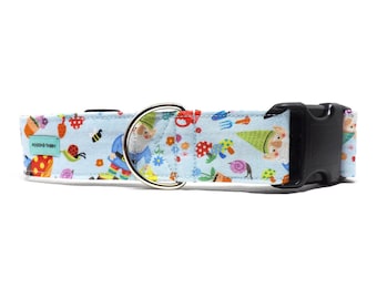 Garden Gnomes - Dog Collar / Colourful Spring Gnomes & Gardening Design Collar / Available in a 1.5" width only for Large Puppies + Dogs