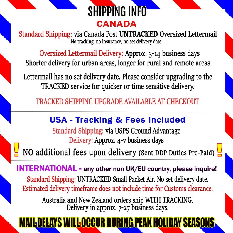 May include: A graphic with the text "SHIPPING INFO" and details for Canada, USA, and International shipping. Includes information on delivery times, tracking, and fees. Text is in black, red, and blue.