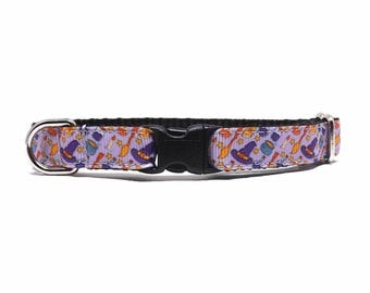 Witchy Cat Collar - 'Witch's Brew' - Purple Halloween Design, Breakaway for Kitten or Cat with Bell