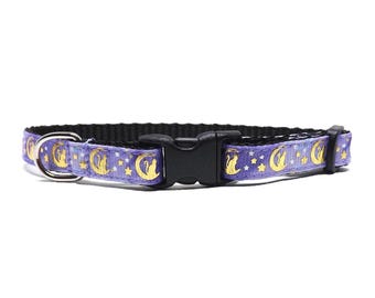 Metallic Cat Collar - 'The Cat in the Moon - Purple', Breakaway for Kittens + Cats with Bell