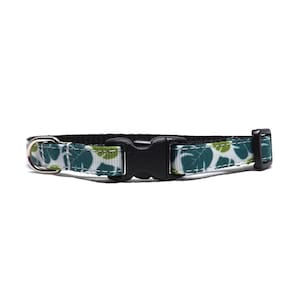 Tropisches Breakaway Katzenhalsband, 'Cabana - White', Monstera Blatt Verstellbares Katzen & Kätzchen Halsband mit Glocke