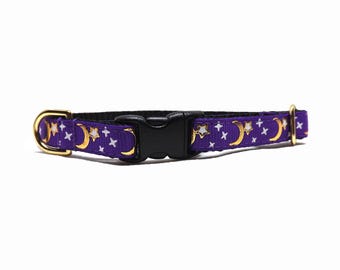 Cosmic Cat Collar, 'Moonscape - Purple', Gold Moon + Stars, Breakaway for Kittens & Cats with Bell