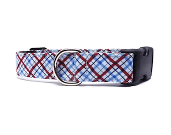 Americana Plaid - Dog Collar / Red and Blue Diagonal Plaid Design / Available in 4 widths for Small to Large Puppies & Dogs