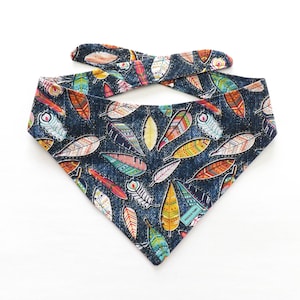 Pet Bandana - &#39;Feathers&#39; / Colourful Feathers on Faux Denim Print / Tie-On Bandana for Cats, Puppies, Dogs / Spring, Summer, Gift for Pets