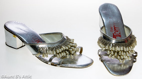 Vintage 60's Sexy Silver Beaded Sandals Casuals B… - image 1