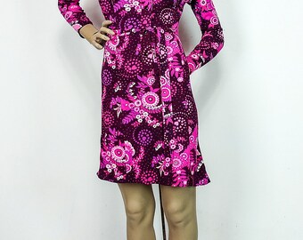 Vintage 70's Mini Dress & Belt Fuchsia/Pink/Purple Floral Button Front Knit Dress XS