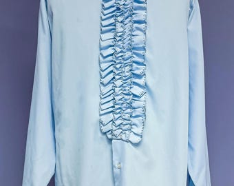 Vintage 70's Ruffled Tuxedo Shirt – Joe Namath by Arrow Baby Blue Polyester Wide Collar Shirt XL