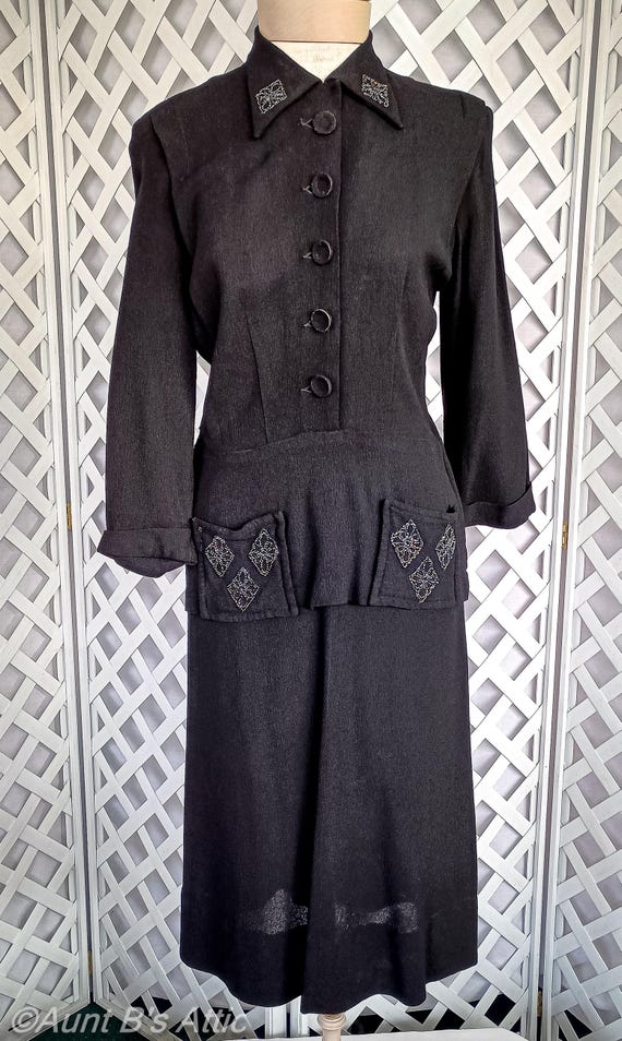 Vintage 40's Black Textured Rayon Crepe W/ Bead Accent Pocketed Peplum Dress  S/M - Etsy