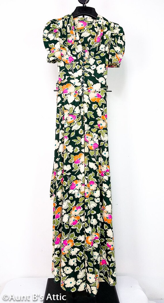 Maxi Dress Vintage 70's  Dark Green Floral Puffed 