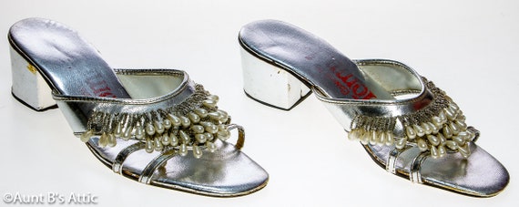 Vintage 60's Sexy Silver Beaded Sandals Casuals B… - image 2