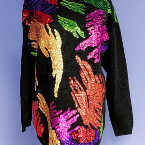 Vintage 80s Sequin Sweater: Eminent Black Cotton Abstract Design