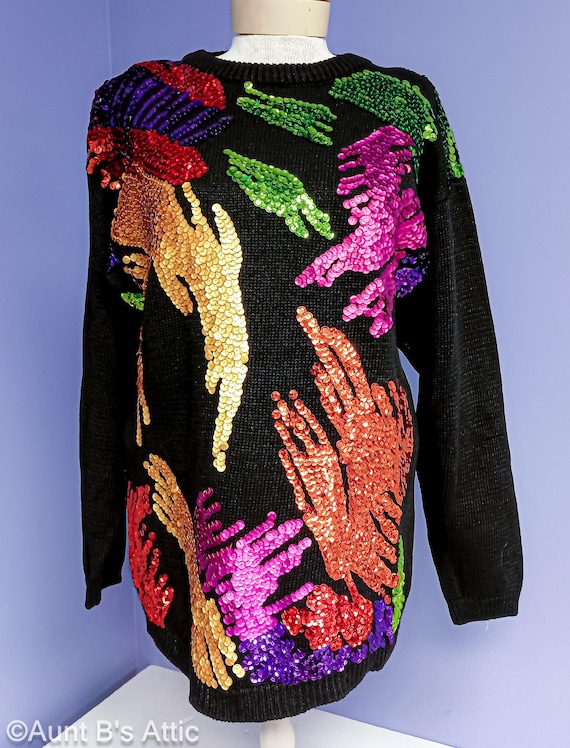 Vintage 80er Jahre Pailletten-Pullover: Eminent Schwarze Baumwolle