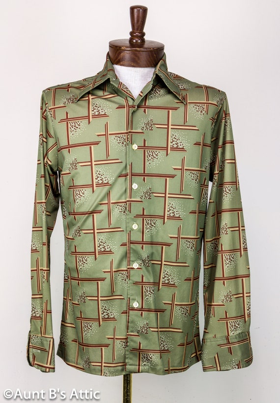 Groovy Wide Collar Vintage 70's Green Geometric Pa