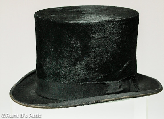 Antique Victorian Black Silk Plush Top Hat, Granville of London