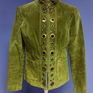 Vintage 90s Olive Suede Grommet Jacket: Steampunk Style
