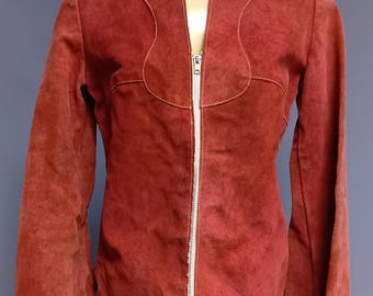Vintage-Jacke aus rosafarbenem Wildleder aus den 70er Jahren mit Ziernähten, Reißverschluss vorne und Glockenärmeln, Größe S