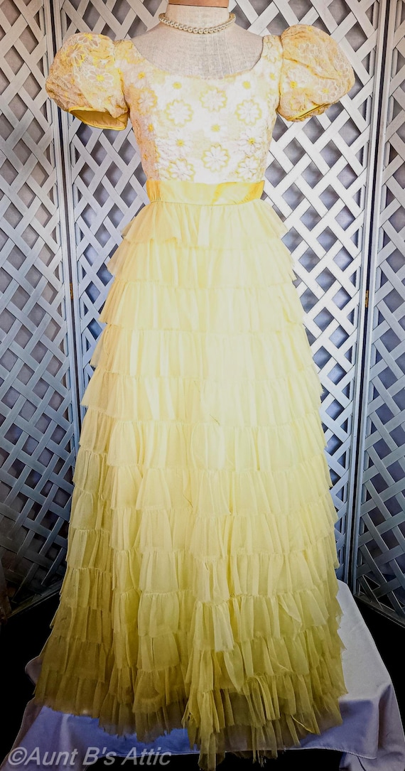 Vintage 60s Yellow Daisy Embroidered Formal Gown: Tiered Ruffle Prom Dress SM - Etsy Vintage 60s Yellow Daisy Embroidered Formal Gown: Tiered Ruffle Prom Dress SM - Etsy