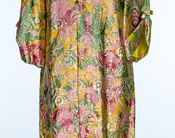 Beautiful Rare Vintage 60's Fashions By Park Gold/Pink/Green Silk Wrap Cocktail Dress M/L