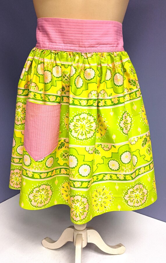Apron Vintage 60's Handmade Green Yellow Pink Floral Kitchen Apron