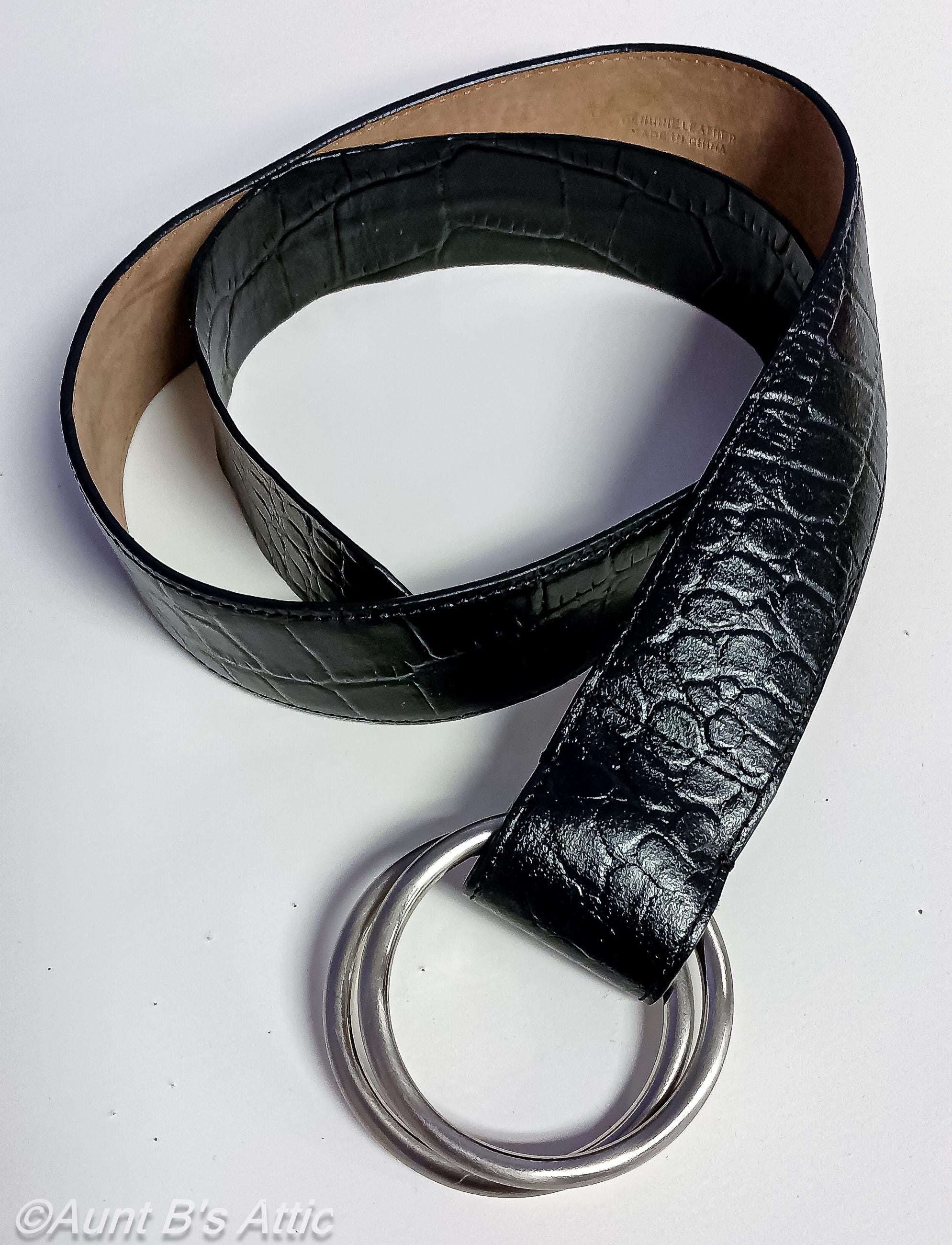 *Ann Taylor Black Leather Croc Belt Double 2 Round Brushed Nickel Hoop Closure Belt Vintage 90 main image 2