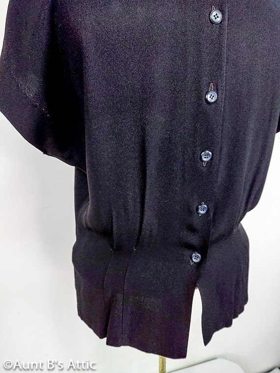 Vintage 40's Crepe Blouse Black Drop Sleeve Back … - image 6