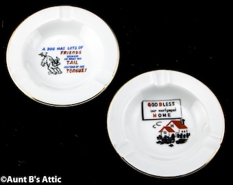 Ashtray Vintage Set Of 2 Small Novelty Comic Phrase Japanese Made Ashtrays