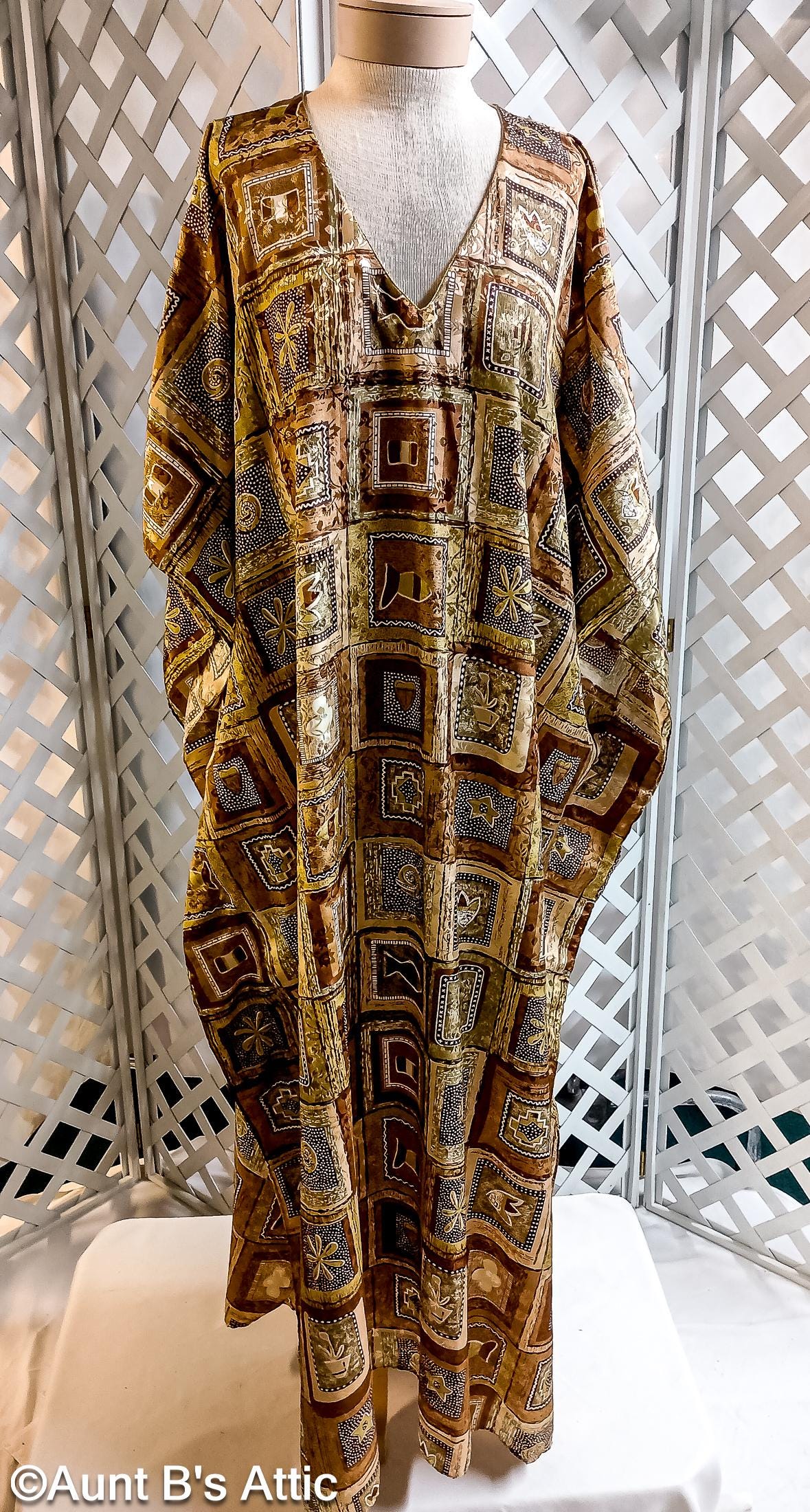 Caftan Vintage 80's Details Brand Casual Flowing Loungewear Brown Multi Polyester Sea Themed Robe Dress One Size