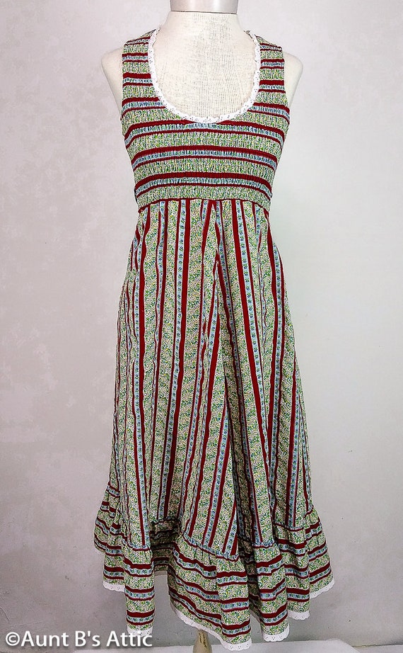 Vintage 70's Sundress Red/Blue/Green Stripe Plisse