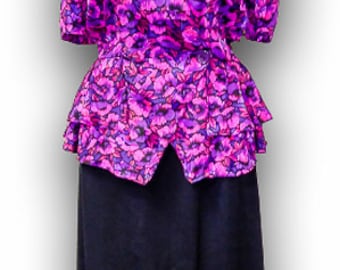 Vintage 80's Blouse Jonathan Martin Pk/Purp Floral 40's Look Peplum Blouse Small