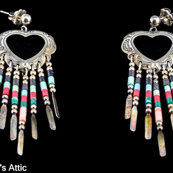 Earrings Native American Navajo OTO Sterling Silver & Stone Heart Shape Dangle Post Back Earrings