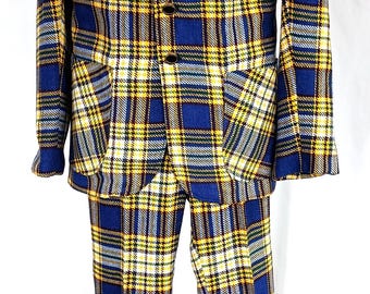 Vintage 60's-Early 70s Men's Blue/Yellow 2 Pc Woven Plaid Suit by Wise Guy Small