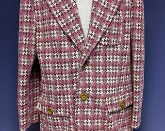 Sport Coat Men's Vintage 70's Pink/Brown Checkered Patterned Polyester Double Knit Fully Lined 2 Button Jacket 46/48
