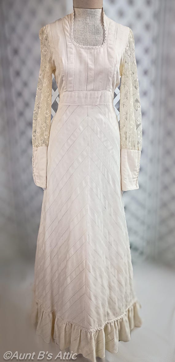 70s Ivory Prairie Dress: Lace Sleeve Ruffled Maxi - Small