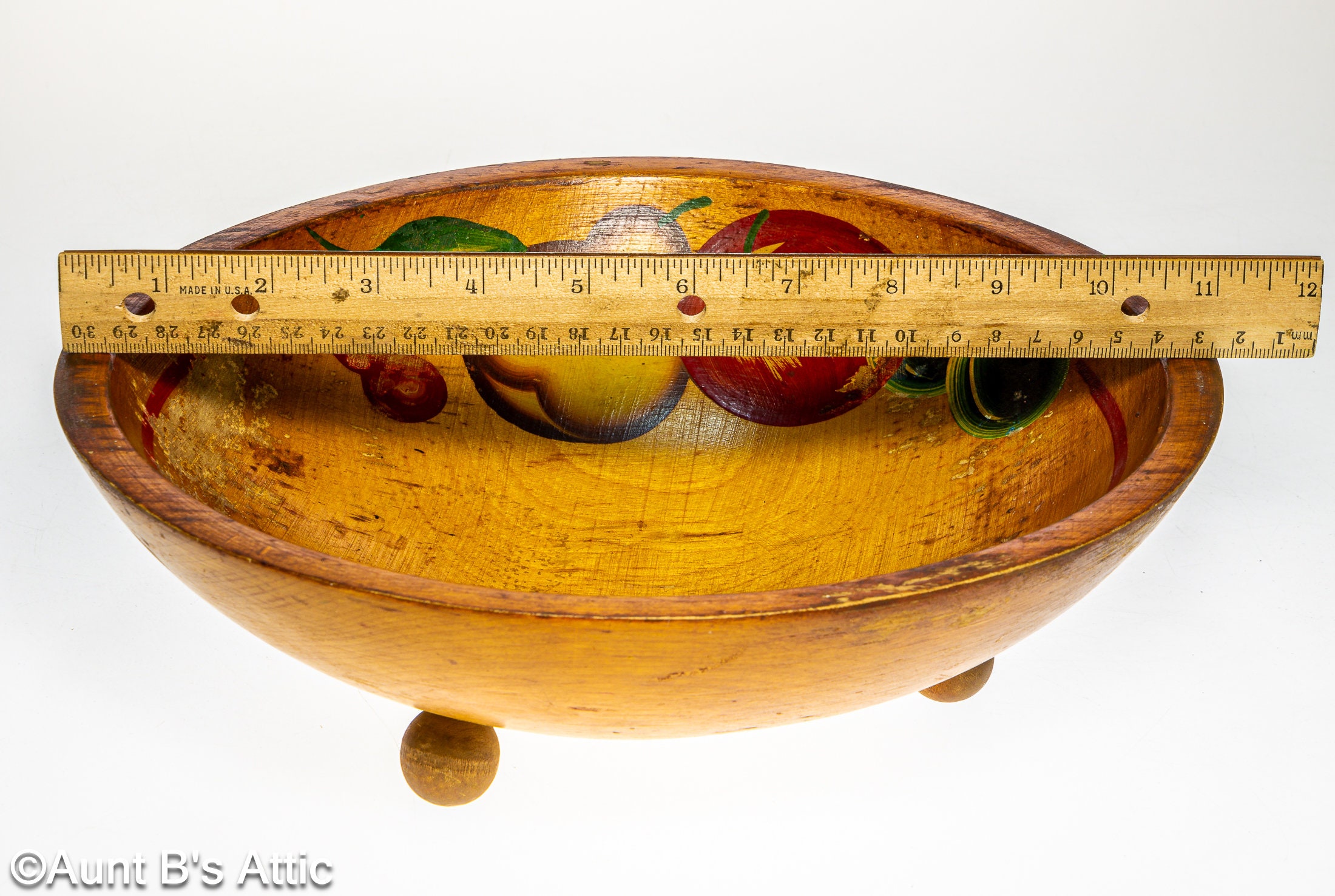 Vintage 40s Hand Painted Fruit Bowl: Turned Pine Wood Footed Bowl  display picture 1