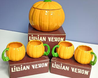 Vintage Lillian Vernon Pumpkin Cookie Jar & Mug Set, 80s Ceramic