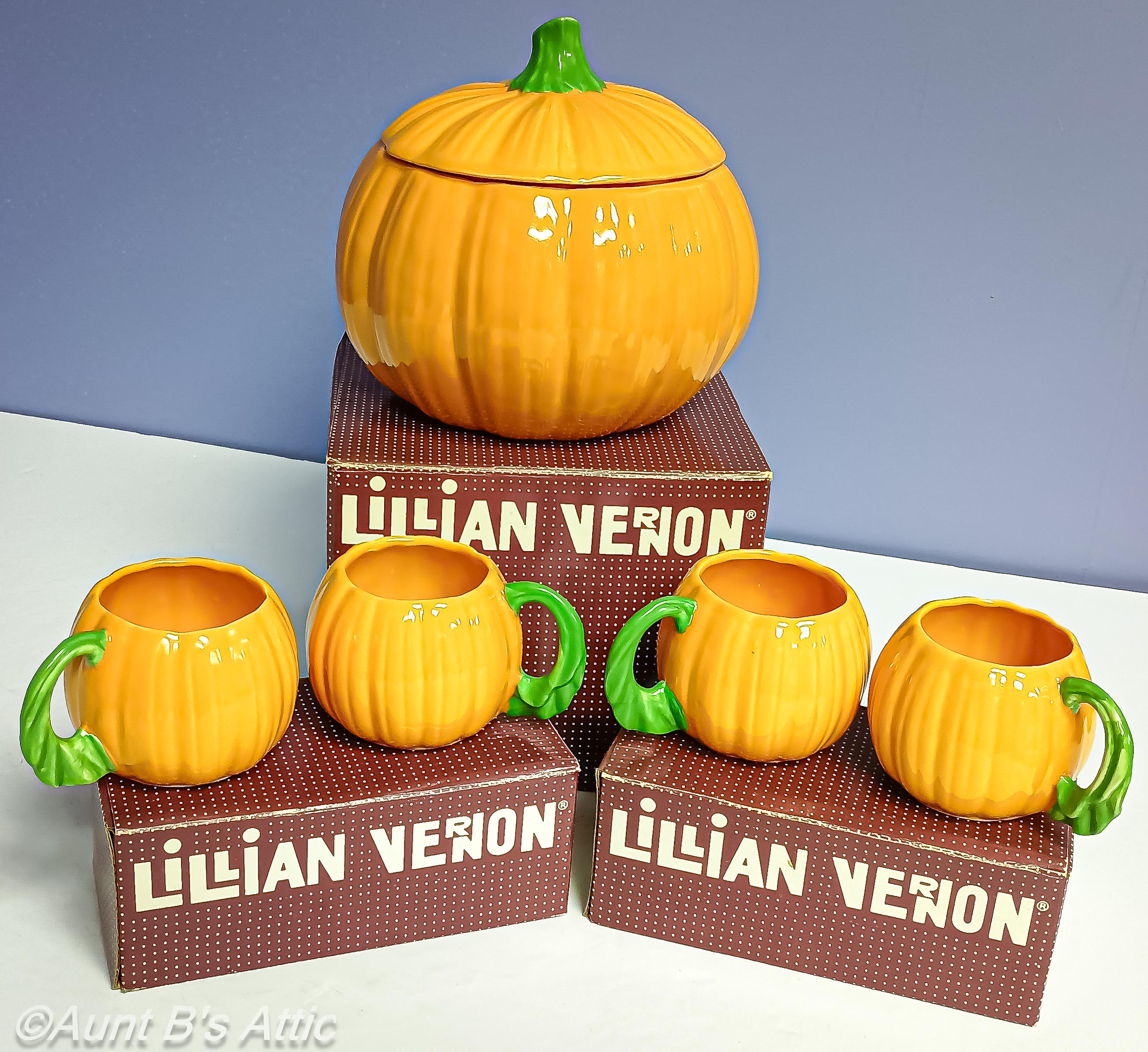 Vintage Lillian Vernon Pumpkin Cookie Jar & Mug Set, 80s Ceramic