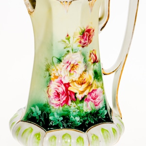 Antique Prussian RS Porcelain Chocolate Or Tea Pot Pitcher Floral Transfer Design With Gold Accents (Damaged)