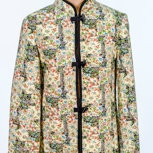 Vintage 80&#39;s Quilted Asian Style Multi Color Floral Print Tang Style Jacket Sm