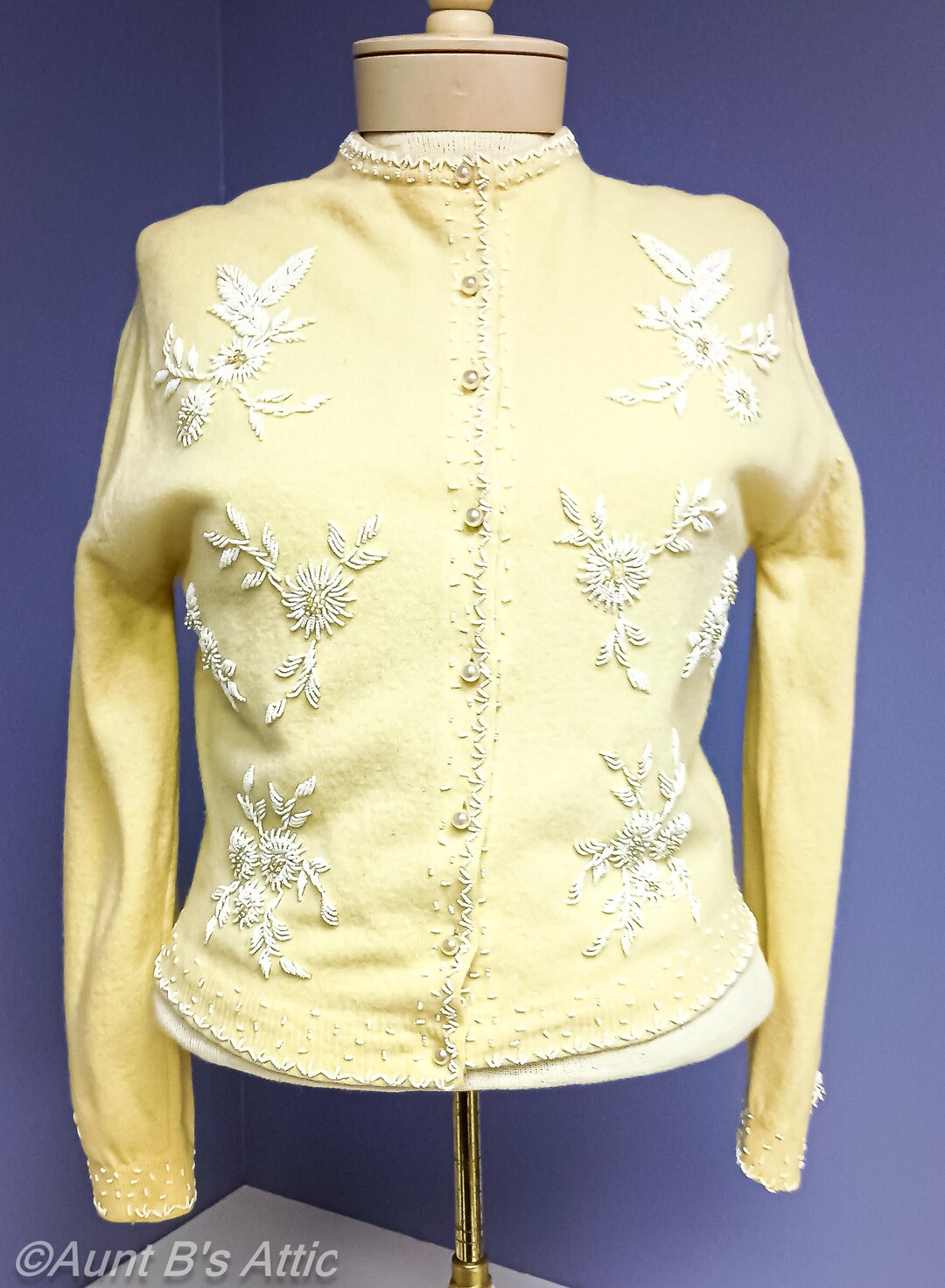 Vintage Angora Lambswool Cardigan: 1950s Hand-beaded Sweater, Size
