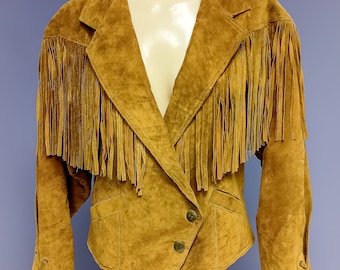 Beautiful Vintage 80&#39;s Winlet Western Cowgirl Style Ladies Suede Fringed Snap Front Jacket MD